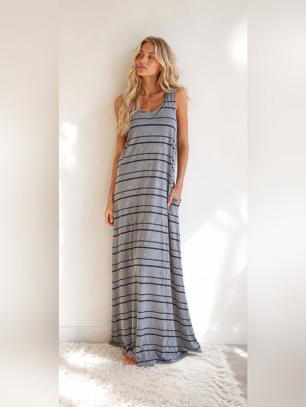 Fossil Beach Striped Heathered Gray Tank Maxi Dress - Small
